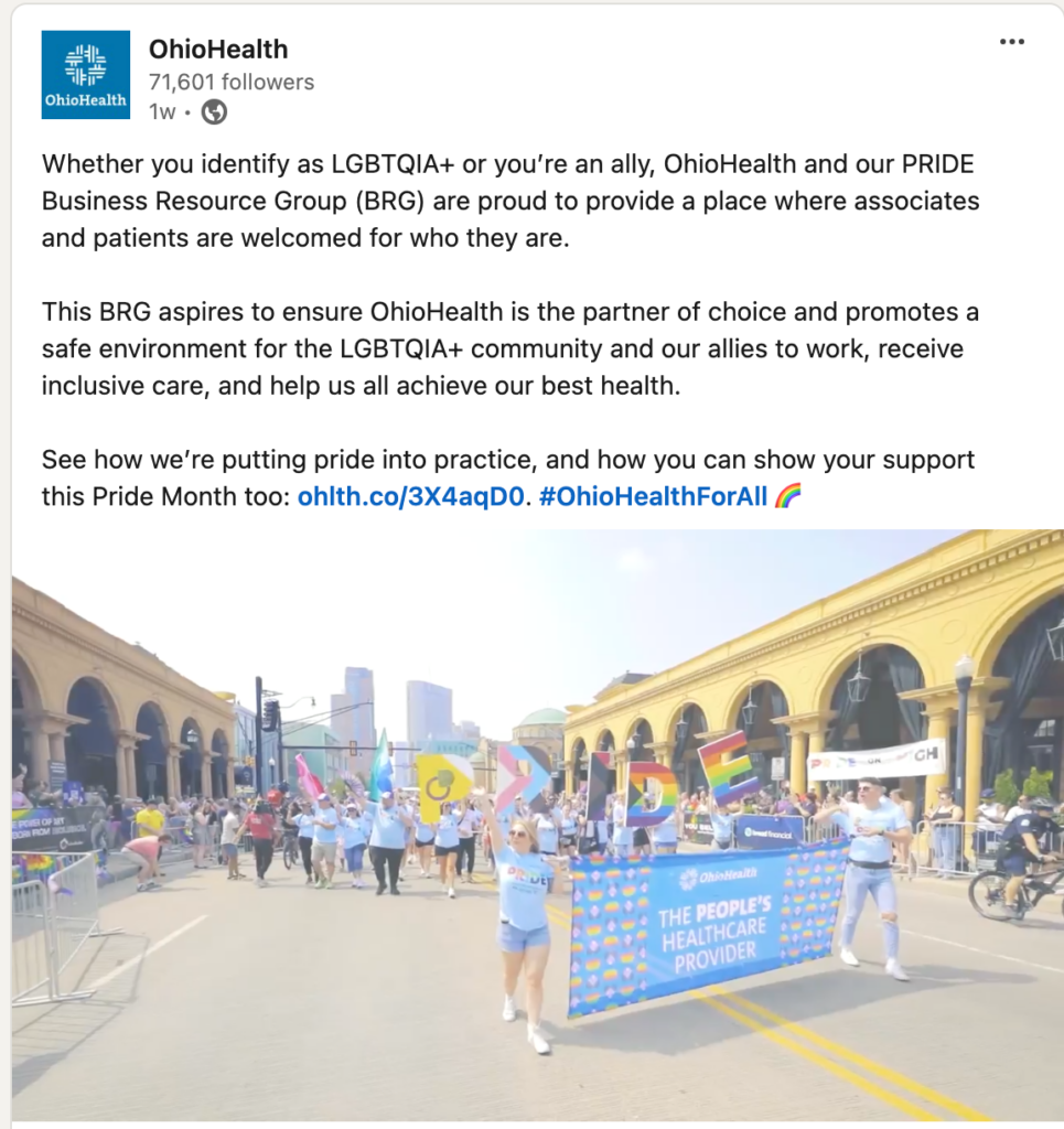 Ohio Health's social media post for Pride Month